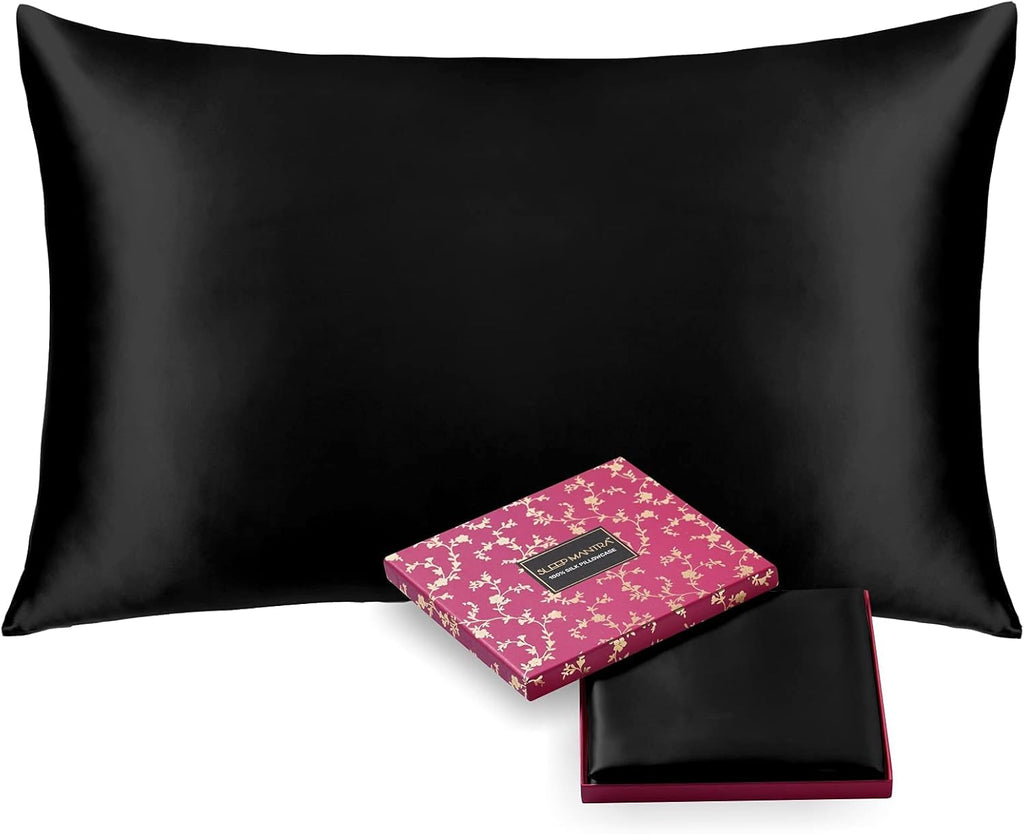 100% Mulberry Silk Pillowcase for Hair and Skin Health, Hidden Zipper, 22 Momme, Both Sides Smooth, Breathable and Natural, Machine Washable, (Standard, Black)